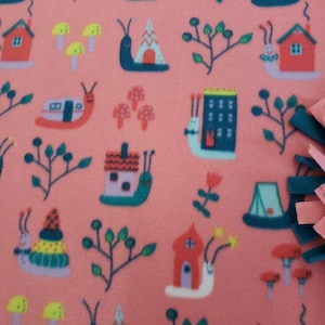 Snails and Leaves on Peach Hand Tied No Sew Fleece Blanket