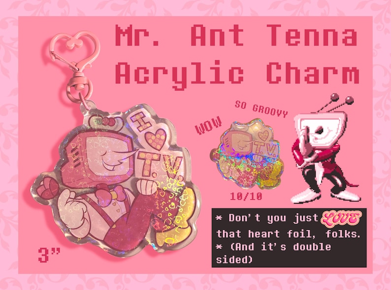 Pode incluir: Um pingente de acr&iacute;lico rosa com um personagem de desenho animado de televis&atilde;o com o texto "I Love TV". O pingente tem 7,6 cm e inclui um fecho em forma de cora&ccedil;&atilde;o. Gr&aacute;ficos adicionais inclu&iacute;dos.
