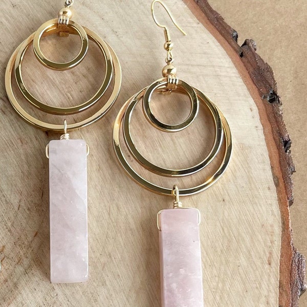 Large Triple Gold-Plated Hoop Reworked Vintage Earrings w/ Pink Rose Quartz Crystal Slices