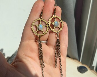 SALE *** Rainbow Moonstone Brass Steampunk Chain Earrings Free Shipping