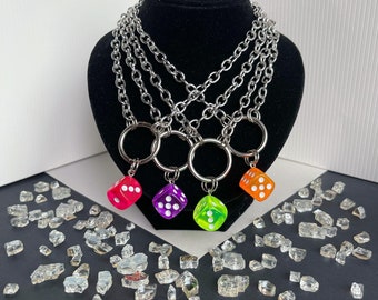 Multicolor Neon Dice Charm Stainless Steel Silver O-Ring Choker Heavy Metal Festival Chain Necklace 12-15”