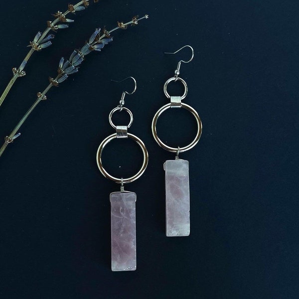 Baby Pink Large Rose Quartz Slice Double Steel Silver Ring Hoop Earrings with Surgical Steel Hooks