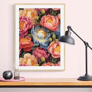 Printable Peonies, Bedroom Wall Decor, Peony Art Print, Pink Floral, Digital Download Poster, Digital Art, Home Office Decor