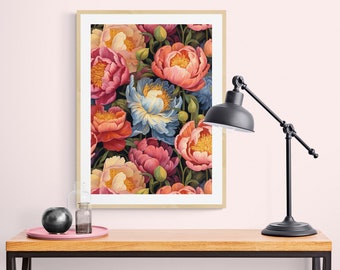 Printable Peonies, Bedroom Wall Decor, Peony Art Print, Pink Floral, Digital Download Poster, Digital Art, Home Office Decor