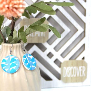 blue mosaic pattern, round, clay earrings