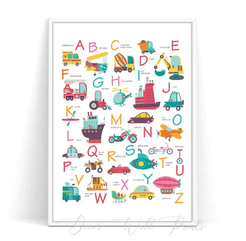 Nursery Alphabet Abc Wall Art Transport Alphabet Print Etsy