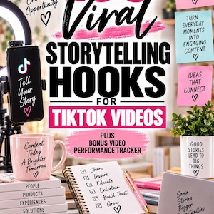 May include: A book titled 100 Viral Storytelling Hooks for TikTok Videos by Julie Tippios. The cover features pink and black text, a pink mug with text, a spiral notebook with a checklist, and sticky notes with motivational phrases.