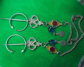 Moroccan Jewelry, fine perfect and complete silver enamel & glass Souss Ait Baha Berber fibula set and chain