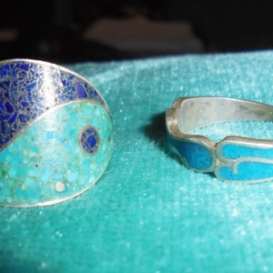Moroccan Jewelry, set 2 silver Tiznit Berber rings with inlaid gems, size USA 8