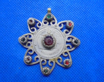 Moroccan Jewelry, antique rare worn Berber silver pendant with Mohamed V coin, 2 inch long