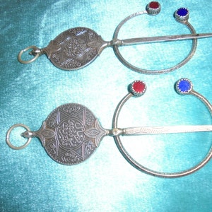 SALE-Moroccan Jewelry, fine old large pair Berber Souss coin fibulas with glass, best work, 1331, 1336 hijra coins, fibulas 5 3/4&quot;