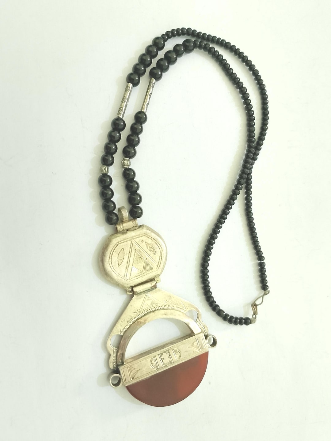 Niger Tuareg Jewelry, Silver, Carnalian Hinged Pendant Necklace