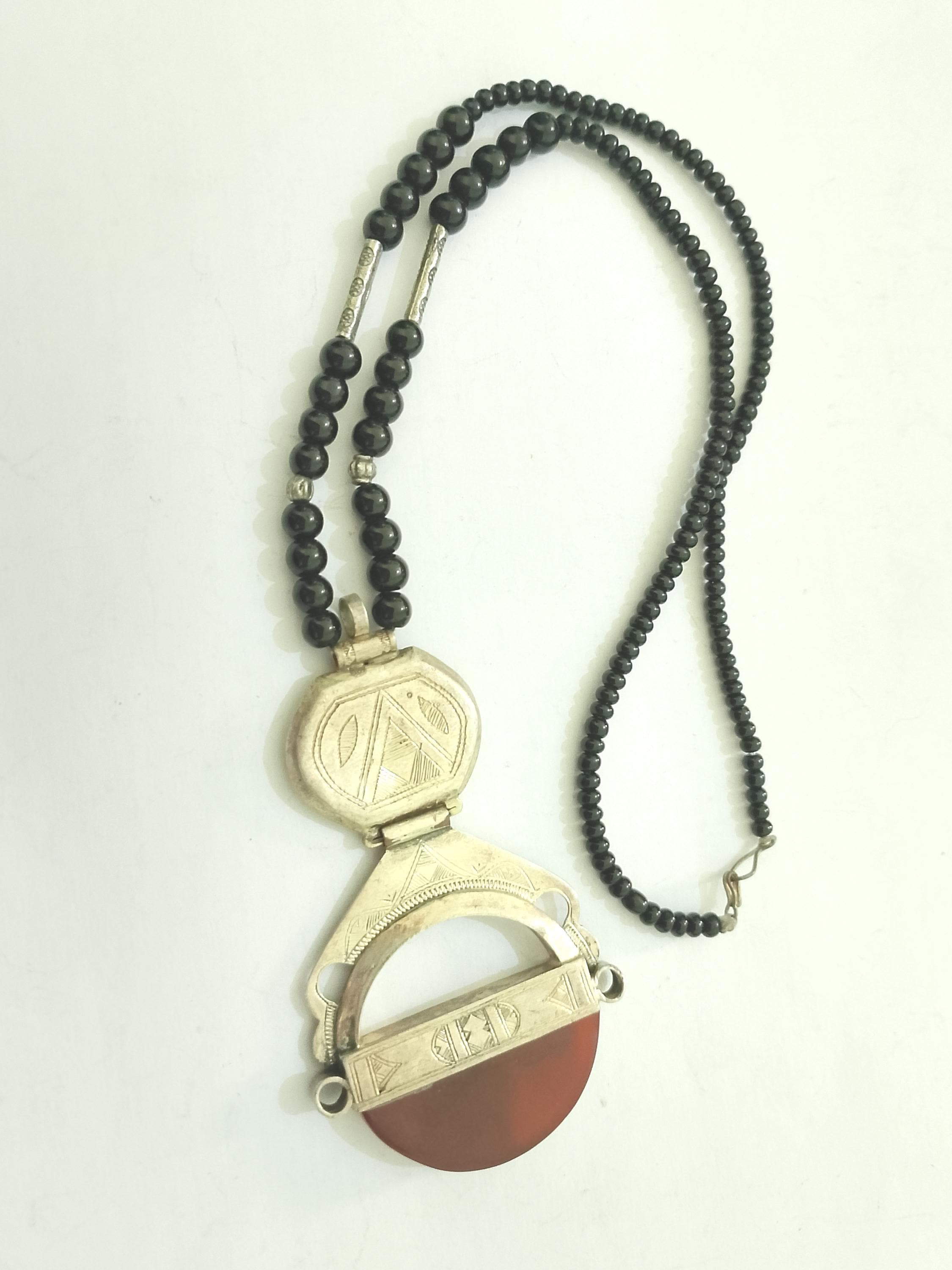 Niger Tuareg Jewelry, Silver, Carnalian Hinged Pendant Necklace