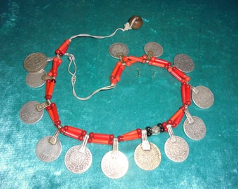 Moroccan Jewelry, old un restrung Berber silver, old silver coin necklace, 24"
