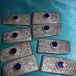 Moroccan Jewelry, lot 8 long silver/brass Jewish Berber talismans, 1 3/4 by 3/4 inches,  w blue stones