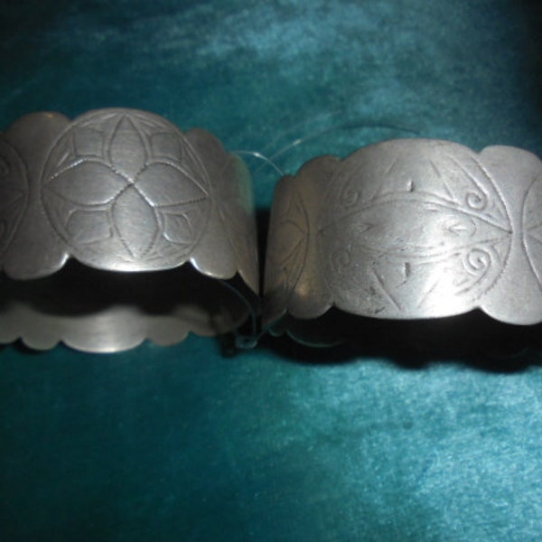 Moroccan Jewelry, pair old worn Massa Berber silver bangles, interesting designs, 2 1/4 inches diameter