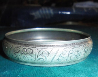 Moroccan Jewelry, old worn Fex convex silver bangle, rose pattern, 2 3/8" diameter