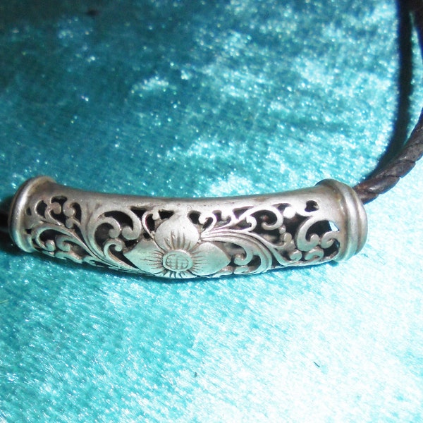 Moroccan(?) Jewelry, fine old pendant on thong, stamped sterling, openwork w. flower, 1 1/2"