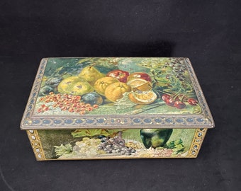 Antique Likely European Orchard Fruit Lithograph Tin Box with Key