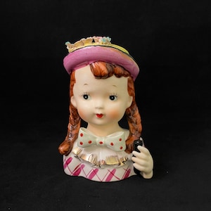 Vintage Girl With Braids Holding Umbrella Head Vase (Missing Umbrella)