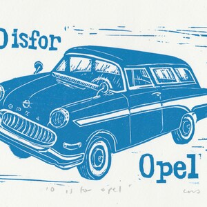 O is for Opel from my Linocut Alphabet of Classic Cars/Motorcycles