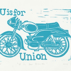 U is for Union Motorcycle from my Linocut Alphabet of Classic Cars/Motorcycles