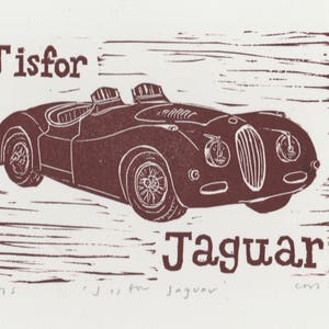 J is for Jaguar from my Linocut Alphabet of Classic Cars/Motorcycles