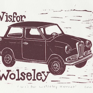 W is for Wolseley from my Linocut Alphabet of Classic Cars/Motorcycles