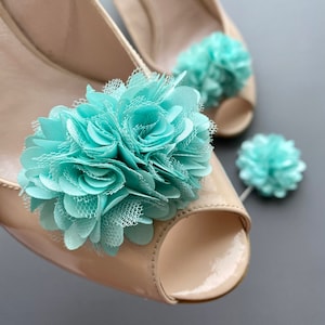 Flower Shoe Clips. Aque blue flowers shoe clips and lapel pin. Set of 2. Gift for Her.