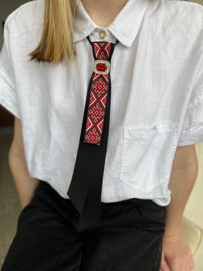 Embroidery Accessory. Black Red Bow Tie With a Rhinestone Center