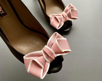 Pink Striped Ribbon Bow Shoe Clips - Set of Two