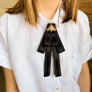 Black bow brooch tie for women with insect. Gift for her.