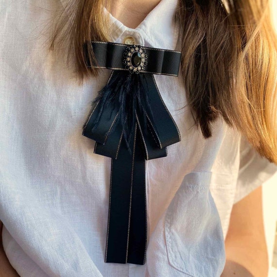 Black Bow Brooch Tie for Women. Handmade Women Bow Tie. Gift 