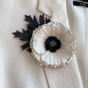 Anemone black-white silk foam brooch. Black flower brooch lapel pin. Flower pin. Gift for her.