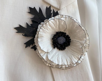 Anemone black-white silk foam brooch. Black flower brooch lapel pin. Flower pin. Gift for her.