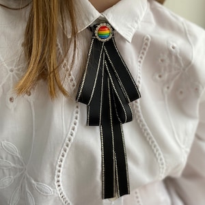 Rainbow Tie. Subtle Pride Accessory. Thin black bow tie for women. Cowboy handmade ties. Gift for her.