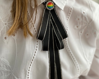 Rainbow Pride Bow Tie: Thin Black Ribbon Tie, Handmade