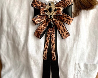 Leopard print bow brooch tie for women. Animal print brooch.