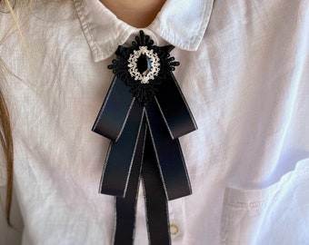 Black bow brooch tie for women. Halloween brooch. Handmade women bow tie.