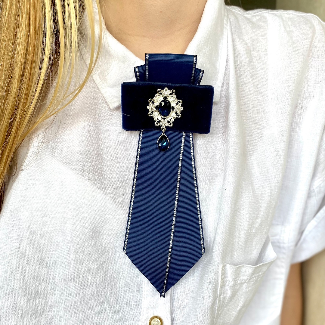 Navy Satin Big Bow Tie with Stone, Best For Wedding or Celebration Suits / Tuxedos main image 1