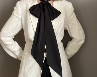 Black silk bow Scarf. Neck Scarf. Narrow Scarf. Black Choker. Black Neck Tie. Black silk bow Scarf.