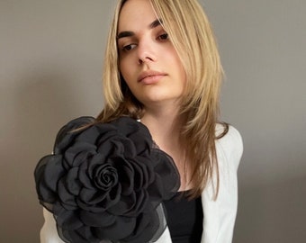 Extra large black chiffon rose brooch. Oversize brooch. Black rose pin. Gift for her.