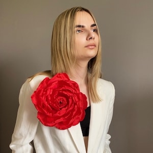 Extra large RED ROSE brooch. Oversize brooch.  Oversized flower statement pin. Handmade bright red rose brooch. Unique gift for her.
