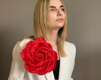 Extra large RED ROSE brooch. Oversize brooch.  Oversized flower statement pin. Handmade bright red rose brooch. Unique gift for her.