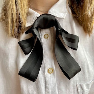 Black bow ties with satin stripe for women. Handmade elegant ladies neckties. Gift for her.
