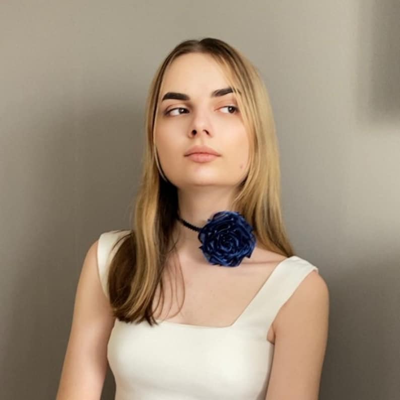 Navy flower choker. Organza rose Choker. Bohemian Necklace. Choker for Gift. Dainty Choker. Jewelry choker. Rose flower choker necklace. image 9