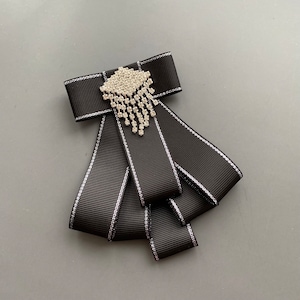 Brooch of black ribbon bow with rhinestone center. Gift for her. Women Handmade Brooch.