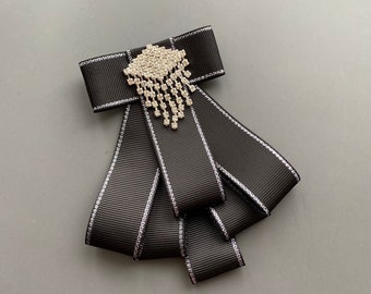 Brooch of black ribbon bow with rhinestone center. Gift for her. Women Handmade Brooch.
