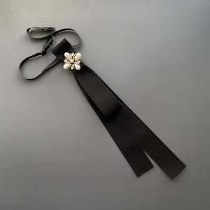 Black cotton tie with decor. Skinny tie for women's. Accessories for dress shirt. Halloween brooch.