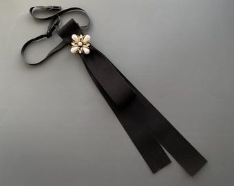 Black Cotton Skinny Tie with Brooch - Women's Dress Shirt Accessory
